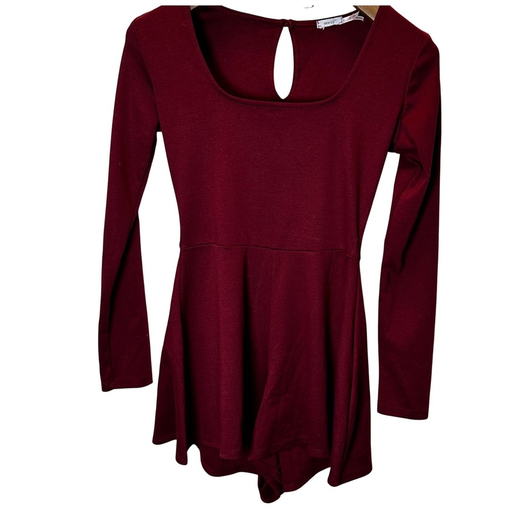 Kim‎ Chi Burgundy Long Sleeve Keyhole Skater Romper Mini Dress Size S Whimsigoth